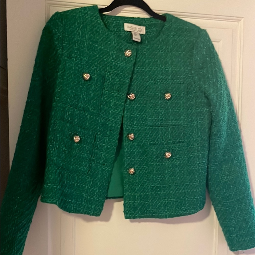 Rachel Zoe Green Tweed Blazer Structured Cropped